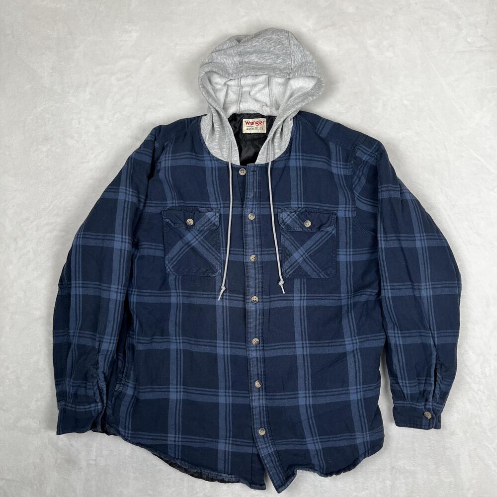 Wrangler Jacket Mens Large Blue Flannel Hooded Quilted Shacket Workwear